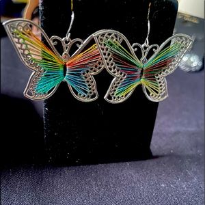 Butterfly Rainbow Dangling Earrings Silver Tone